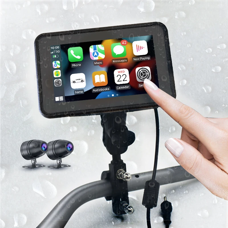 

Dual 1080p HD Cameras Motor DVR 5 Inch Motorcycle Wireless Carplay And Android Auto Waterproof Screen