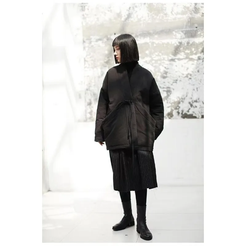 Women's Autumn Winter 100% Cotton Coat Warm High Quality Parkas Retro Harajuku Tie Simple Loose Design Fashion Puffer Jacket