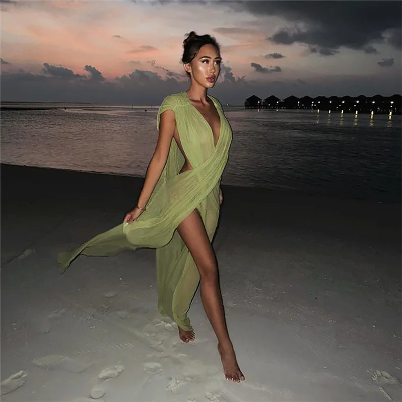 Swimwear Cover Up Women Beach Outing 2024 Outfits Cape For Bathing Suit Exits Summer Clothes New Sexy Solid Deep V Neck