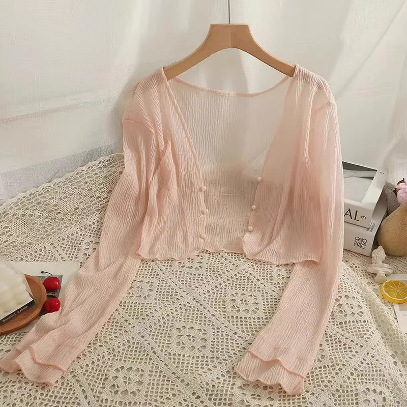 Solid Color Sun Protection Cardigan for Women Summer Thin Shawl with Suspender Skirt Short Coat Chiffon Top Blusas Mujer