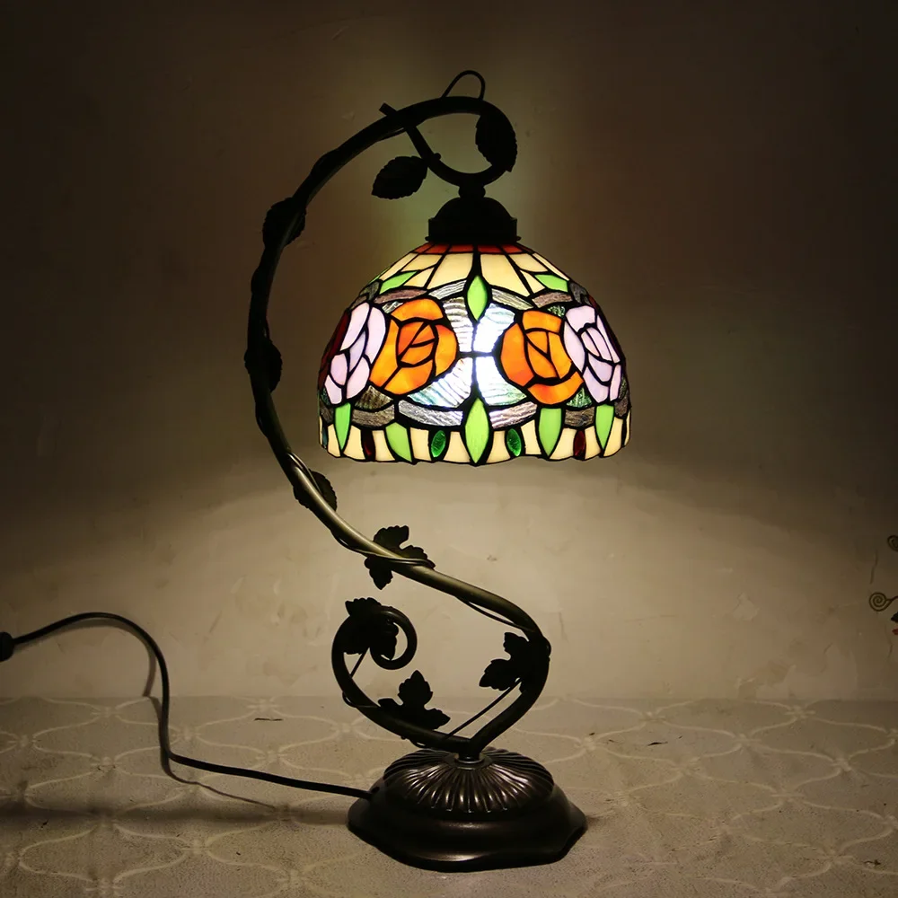 

8inch 20cm Tiffany Vintage Handmade Stained Glass Garden Alloy Vine Leaf Grapes Floral Desk Reading Lighting Decor Table Lamp
