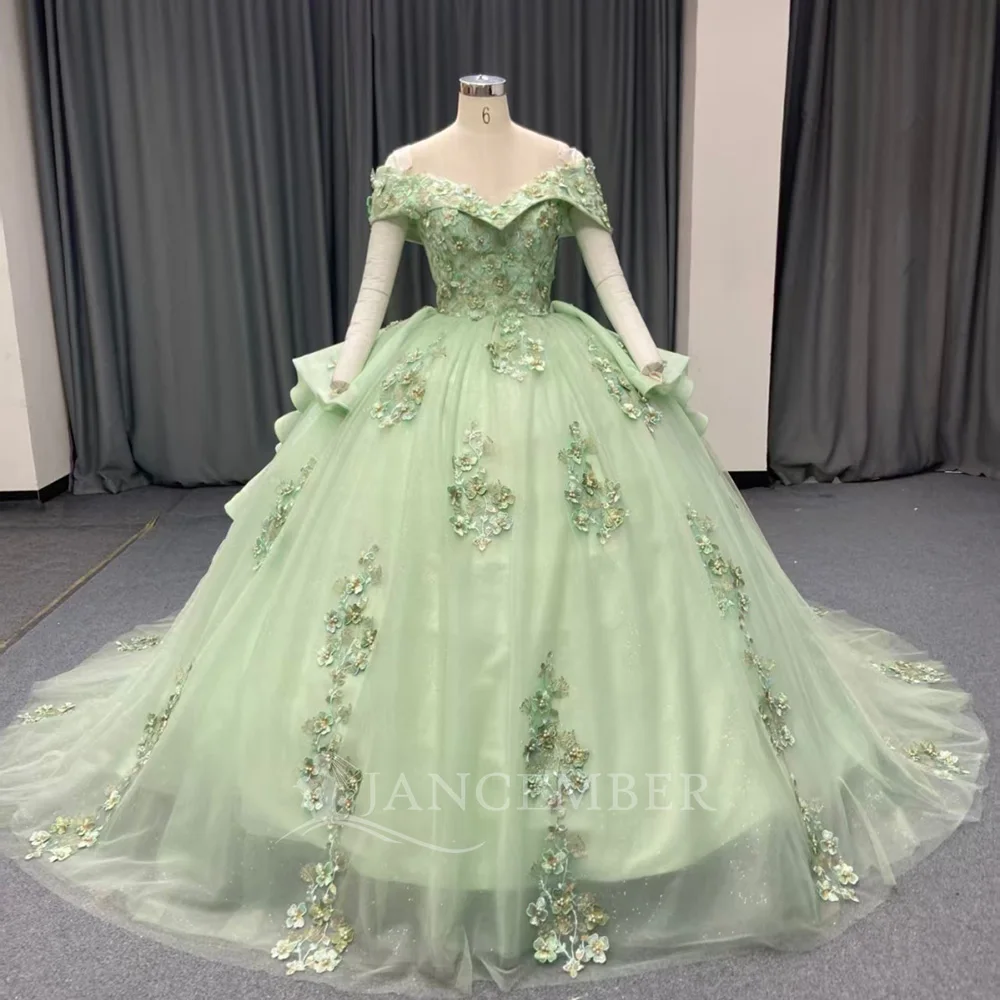 Dreamy Quinceanera Dresses Mint Green Ball Gown Customized Off Shoulder Lace Up Back Chapel Train vestidos de 15 quinceanera