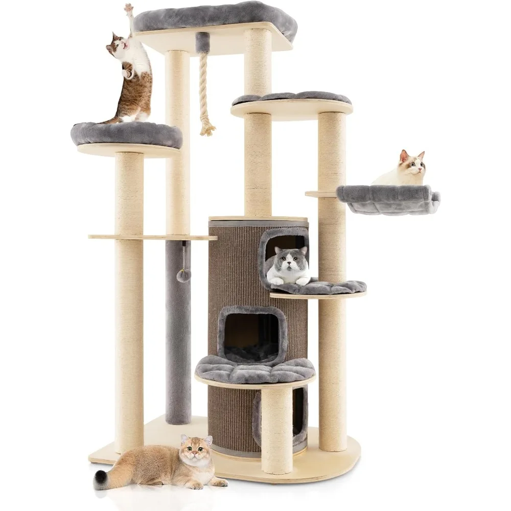 67 inch multi story tall cat tree, 3-story cat apartment with hammock, sisal grab post, spring ball, and hanging game rope