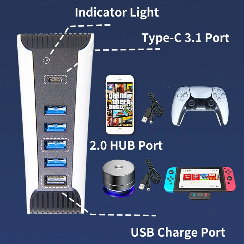 Expander HUB Adapter 5 Ports for Play Station PS5 Game Host Accessories for PS 5 PS5 Console USB Hub 1 To 5 USB2.0 Splitter