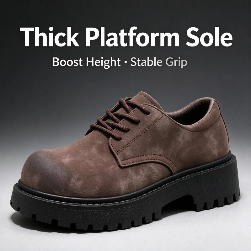 English-style Retro Platform High-top Derby Shoes for Men, Adding Height with American-style Workwear Leather Shoes