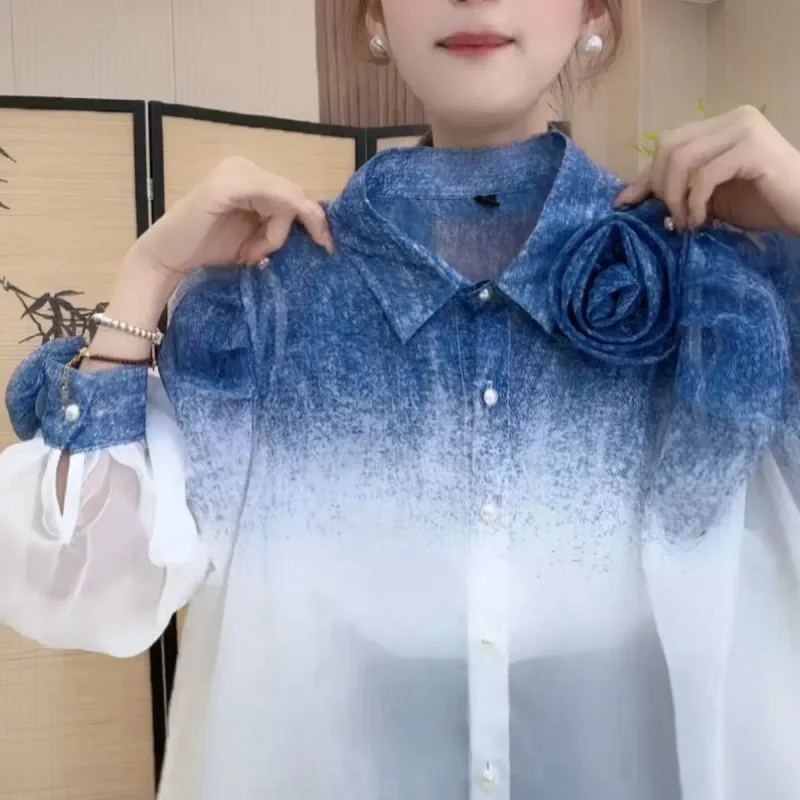 

Gradient Color Shirt Women French Summer Fashion New Top Unique Design Sun Protective Clothing Blouse Women Tops