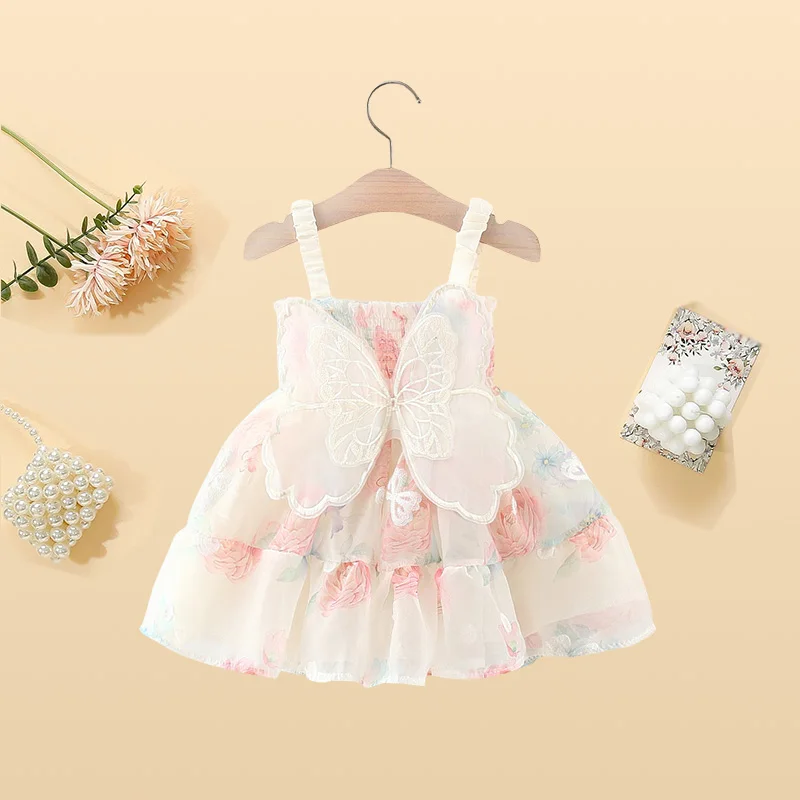 Summer girl baby dress girl colorful halo dyed flower print back butterfly wings strap princess dress