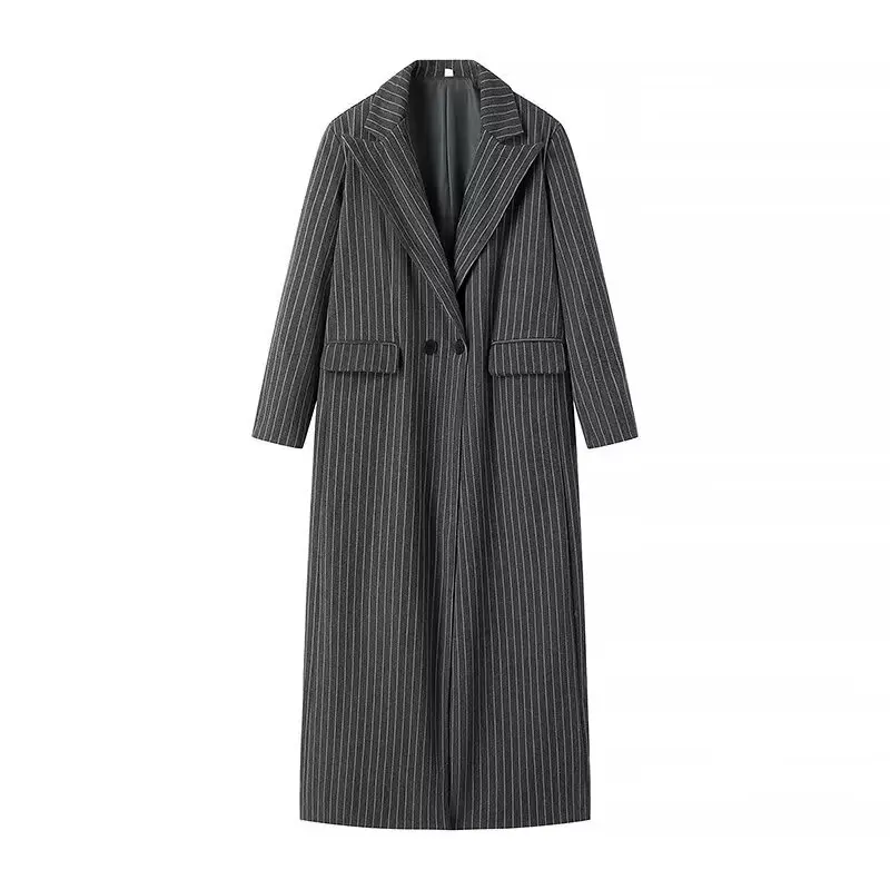 Tangada 2024 Winter Women Thick Striped Woolen Long Woolen Coat Long Sleeve Female Overcoat JA046