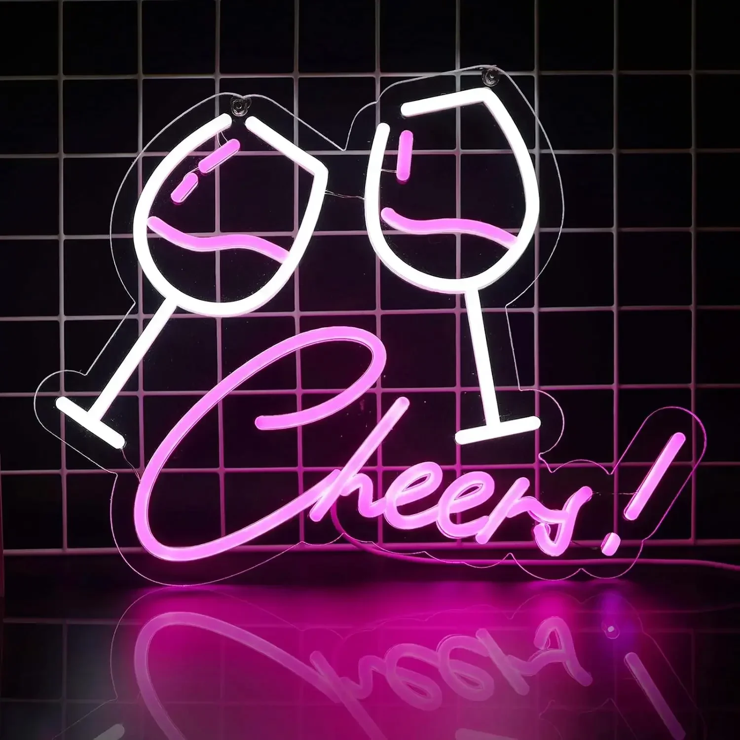 Cheers Neon Sign Pink White Wine Glass LED Wall Art Bar Cart Glow USB Powered Dimmable Acrylic Lamp Party Home Decor