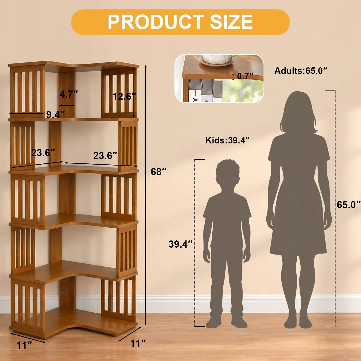 Solid Wood 5-Tier Corner Bookshelf L-Shaped Geometric Bookcase Freestanding Storage Shelf Living Room Bedroom Office, Customized
