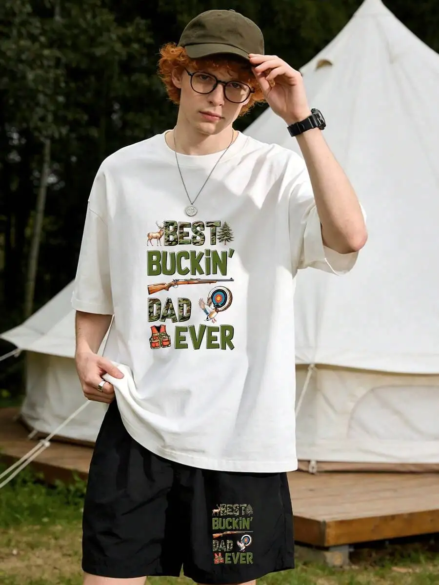 Men's Best Buckin' Dad Ever 2 Piece Outfit, Hunting Gear And Deer Graphic Short Sleeve White T-Shirt And Elastic Waist Black view 4