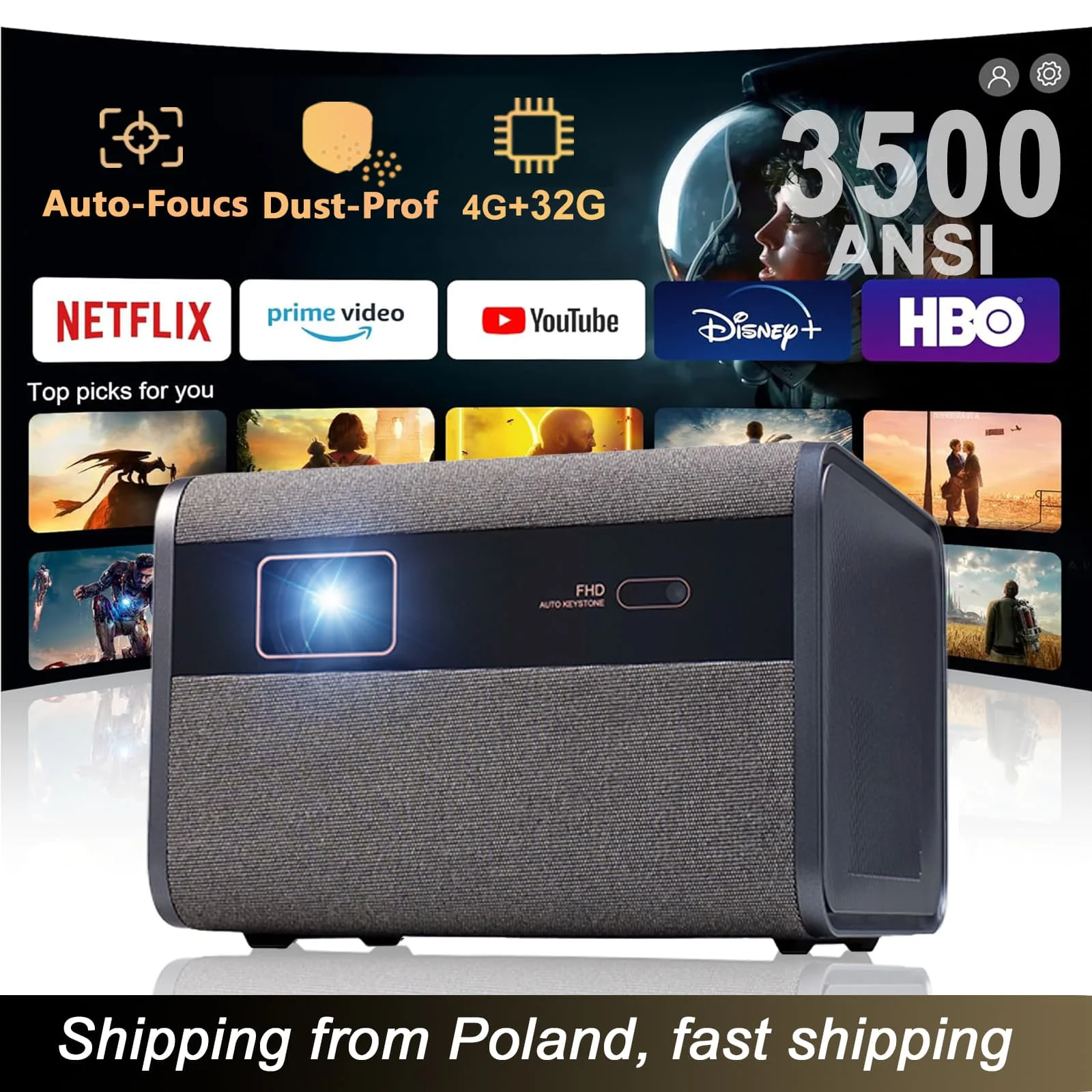 Proyector DITONG J10 Nativo 1080P con Soporte 4K, Enfoque Automático, 3500 ANSI, WiFi 6, Bluetooth 5.4, Android Smart Home Theater, Cine en Exteriores