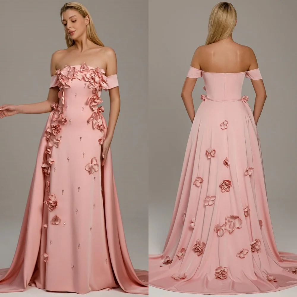 

Customized Intricate Matching Jersey Sequined Flower A-line Off-the-shoulder Long Dresses Bespoke Occasion Casual