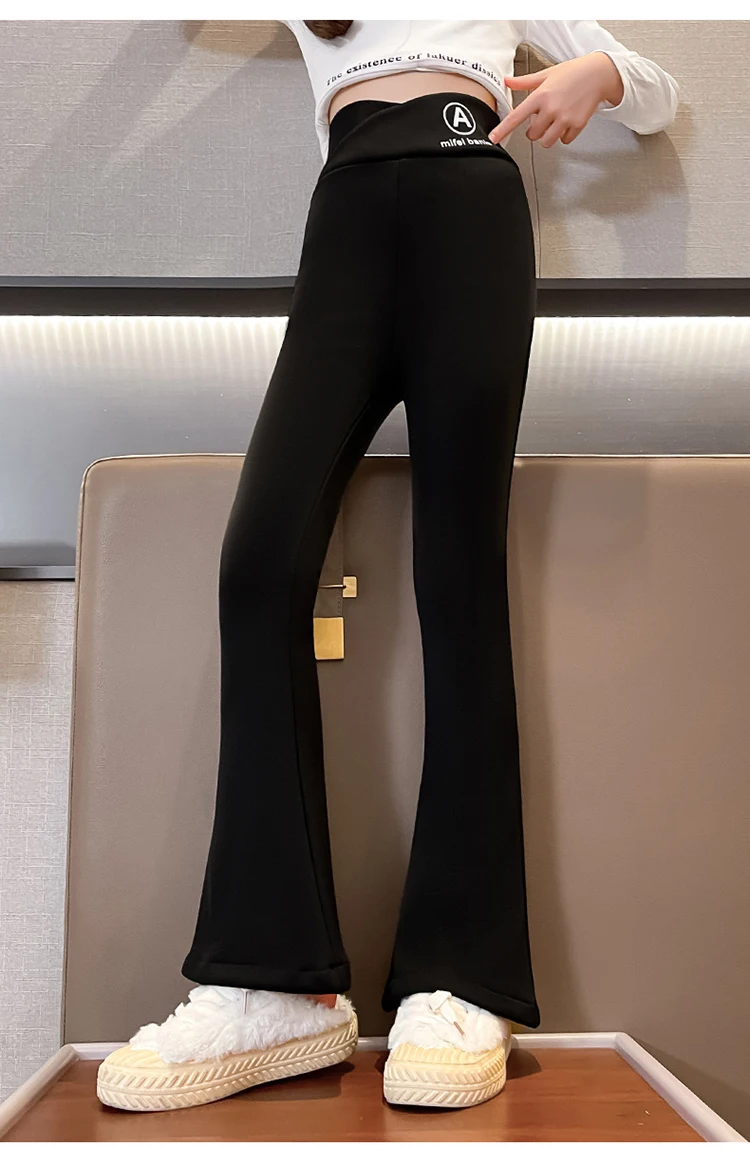 Kinder-Winter-Schlaghose für Mädchen, Warme Lässige Boot-Cut-Thermohose mit Fleecefutter, Dicke Isolierte Jogginghose in Schwarz für Kinder 5-14 – Detail 3