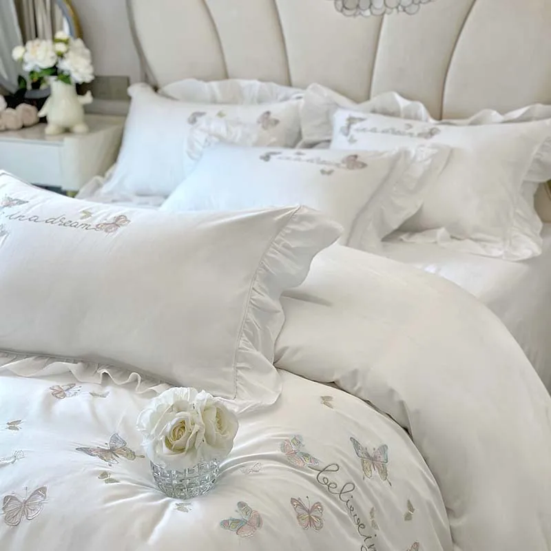 White Egyptian Cotton Bedding Set Luxury Butterfly Embroidery Ruffles Princess Duvet Cover Bed Sheet Pillowcases Home Textile