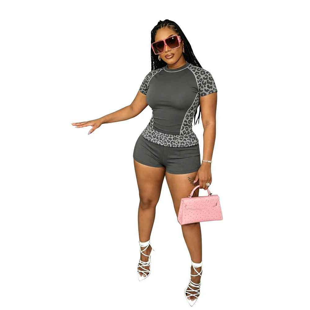 Y2k Sommer Neues Farbspleiß-Design Leopardenmuster Zweiteiler Damen Trainingsanzug Rundhals Slim Crop Top und Shorts Outfit Streetwear – Detail 7