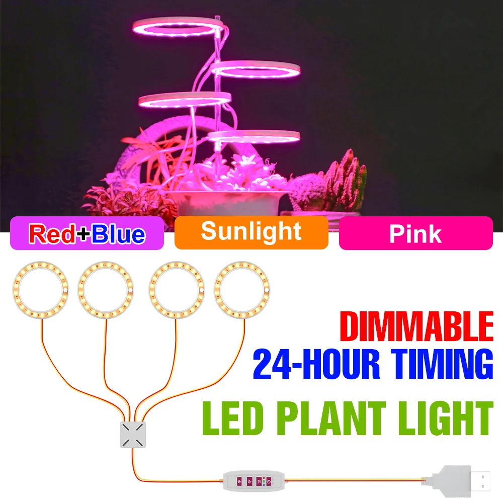 

USB LED Grow Light Full Spectrum Plant Lamp Indoor Flower Potted Cultivation Fill Lighting DC5V Dimmable With Timing Auto On/Off