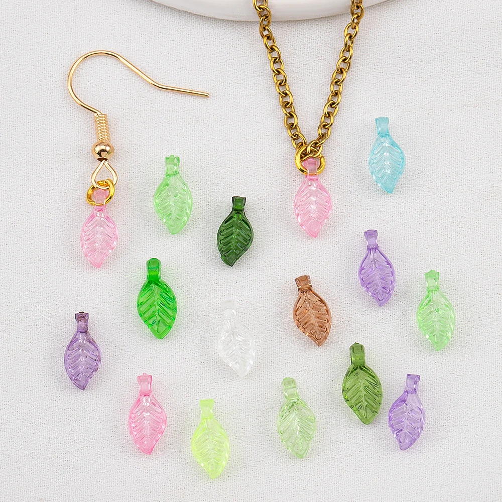 50pcs Acrylic Green Leave Pendants Charm Plastic Flower Leaf Loose Beads DIY Earring Wedding Hair Craft Jewelry Making Wholesale
