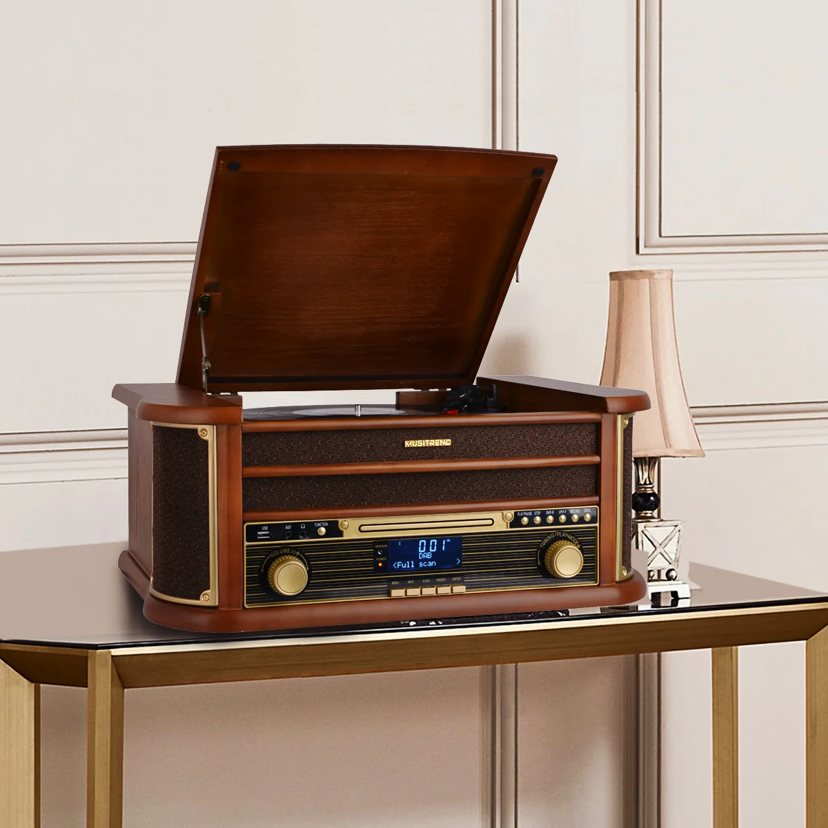 3 speed 4 in 1 phonograph vinyl turntable player classic with dab fm radio/turntable/CD Cassette player/USB encoding