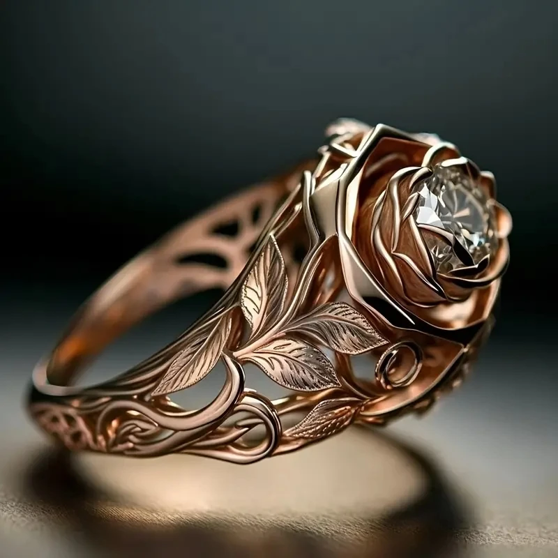 Huitan Aesthetic Rose Gold Color Flower Ring Female Engagement Accessories with Bright Zirconia Graceful Wedding Band Jewelry