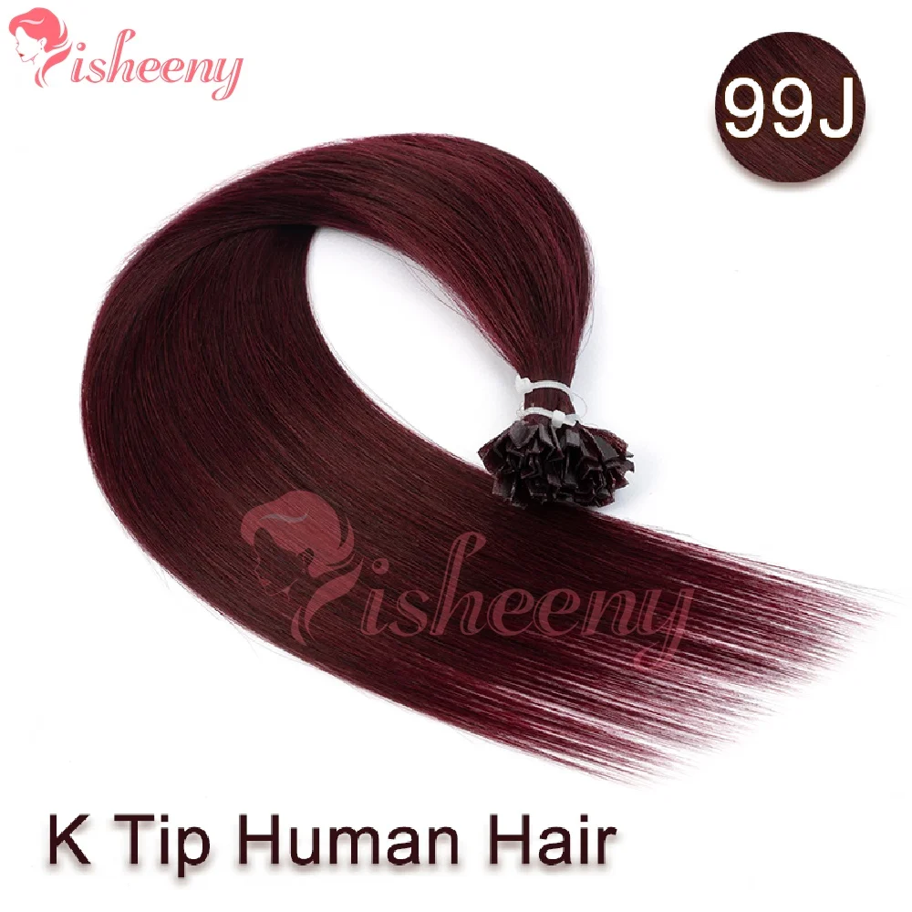 Isheeny 99J Burgundy Wine Red K Tip Hair Extensions 100% Real Human Hair Italian Keratin Pre‑bonded Hair Soft Smooth No Split Ends Re‑stylable For Women Salon Daily Wear