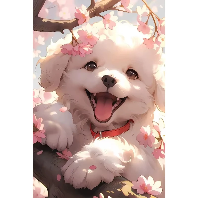DIY Colorful Cute White Poodle Cherry Blossom Portrait Art Diamond Painting Mosaic Handmade Art Exquisite Home Decoration