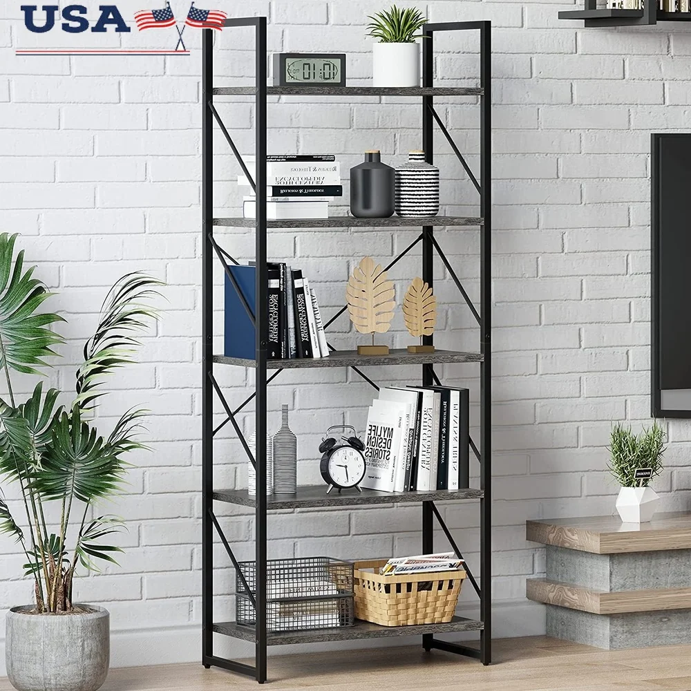 

5 Tier Industrial Bookcase Storage Shelves Modern Furniture Living Room Office Bedroom Anti-Tip Design Sturdy Metal Frame