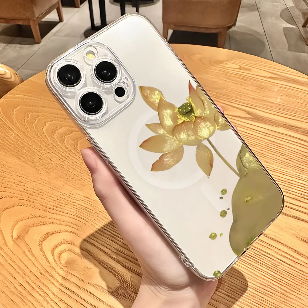 Golden Lotus Art Plant For IPhone 16 15 14 13 12 11 Pro Max Plus Transparent Magnetic Suction Phone Case