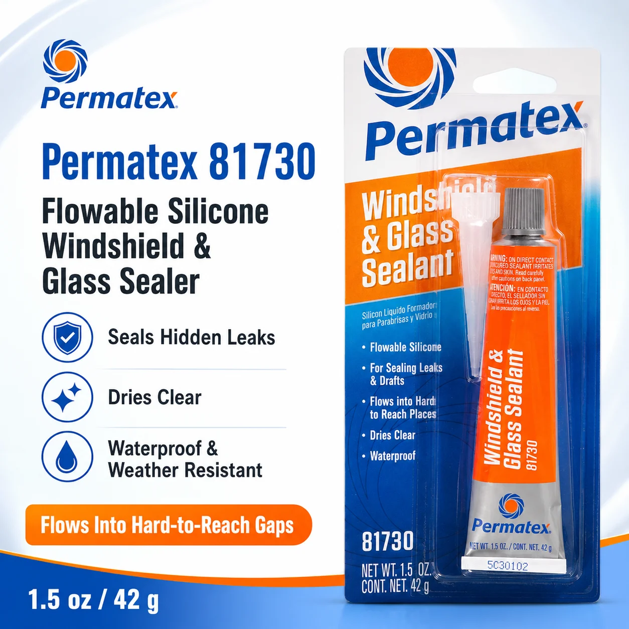 Original Permatex 81730 Flowable Silicone Windshield Glass Sealer 1.5oz Clear Waterproof Sealant for Car RV