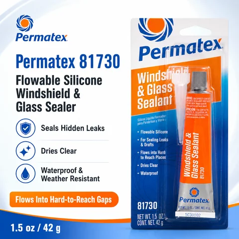 Original Permatex 81730 Flowable Silicone Windshield Glass Sealer 1.5oz Clear Waterproof Sealant for Car RV