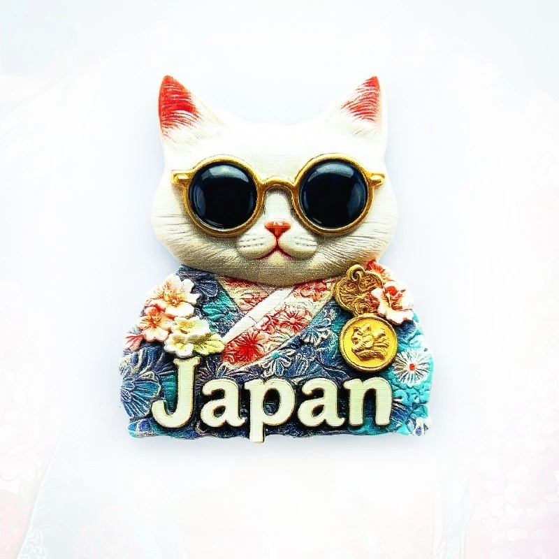 Japan Cat Fridge Magnet - Adorable 3D Kimono Cat with Shades Unique Kawaii Souvenir for Travel & Fun Home Decor