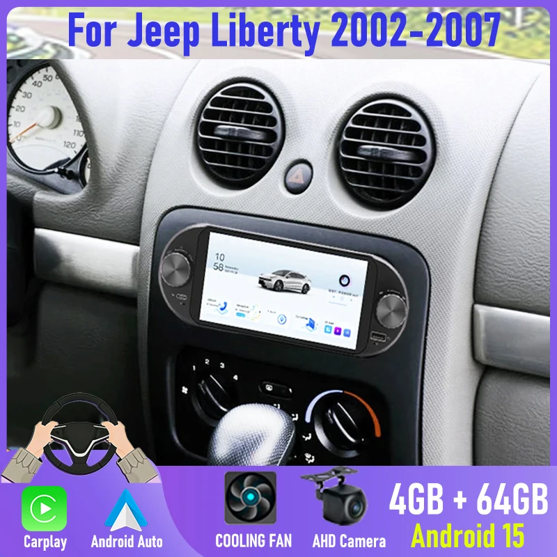 Carplay Stereo Navigation Head Unit 6.8'' 4+64GB for Jeep Liberty 2002-2007 with Wireless Apple Carplay GPS BT 2DIN Camera Suppo