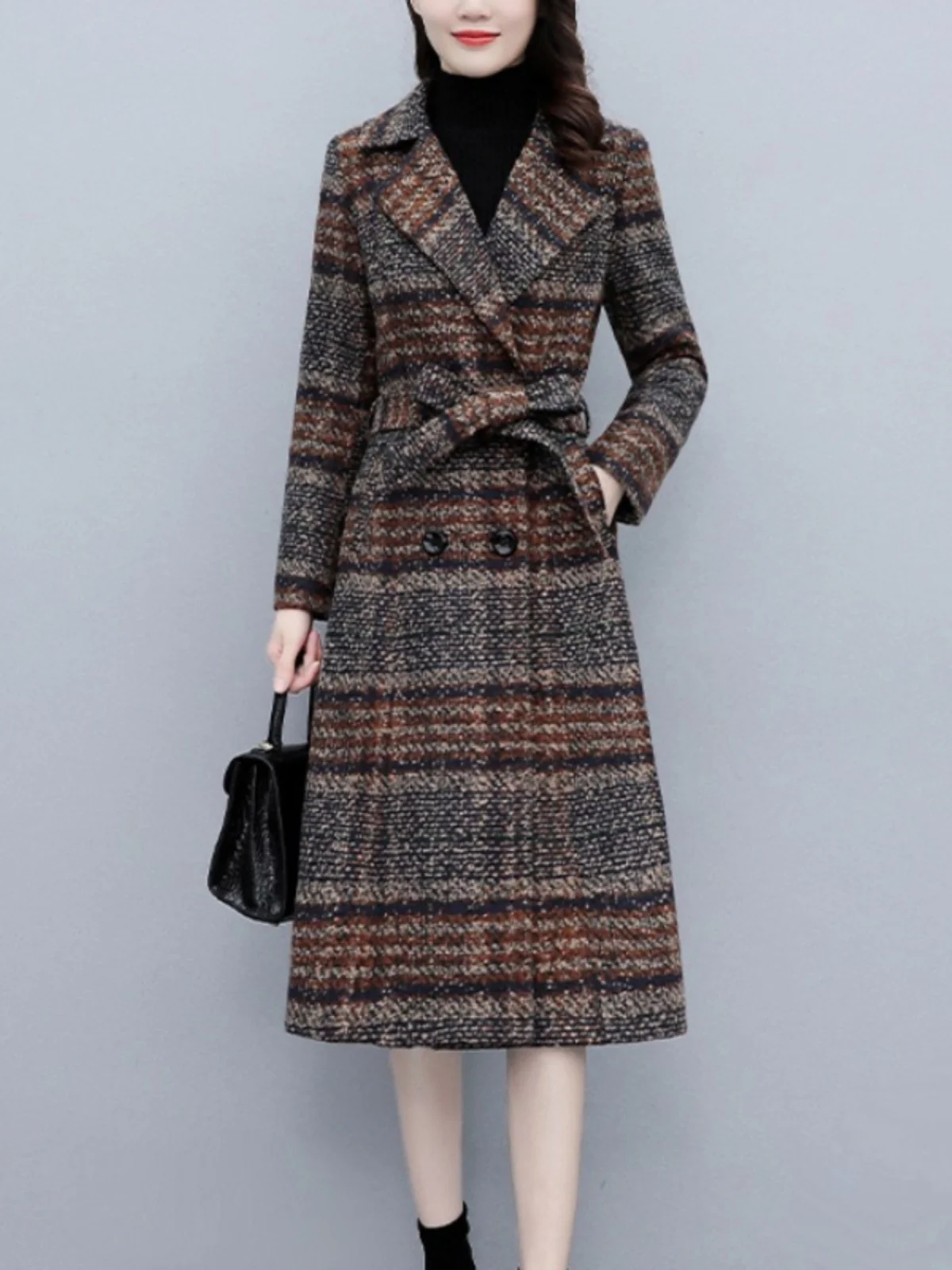 Women\' Medium and Long Double-Breasted Flip collar Retract waist Woolen Coat Slim Coffee Plaid Windbreaker High-end Clothing New