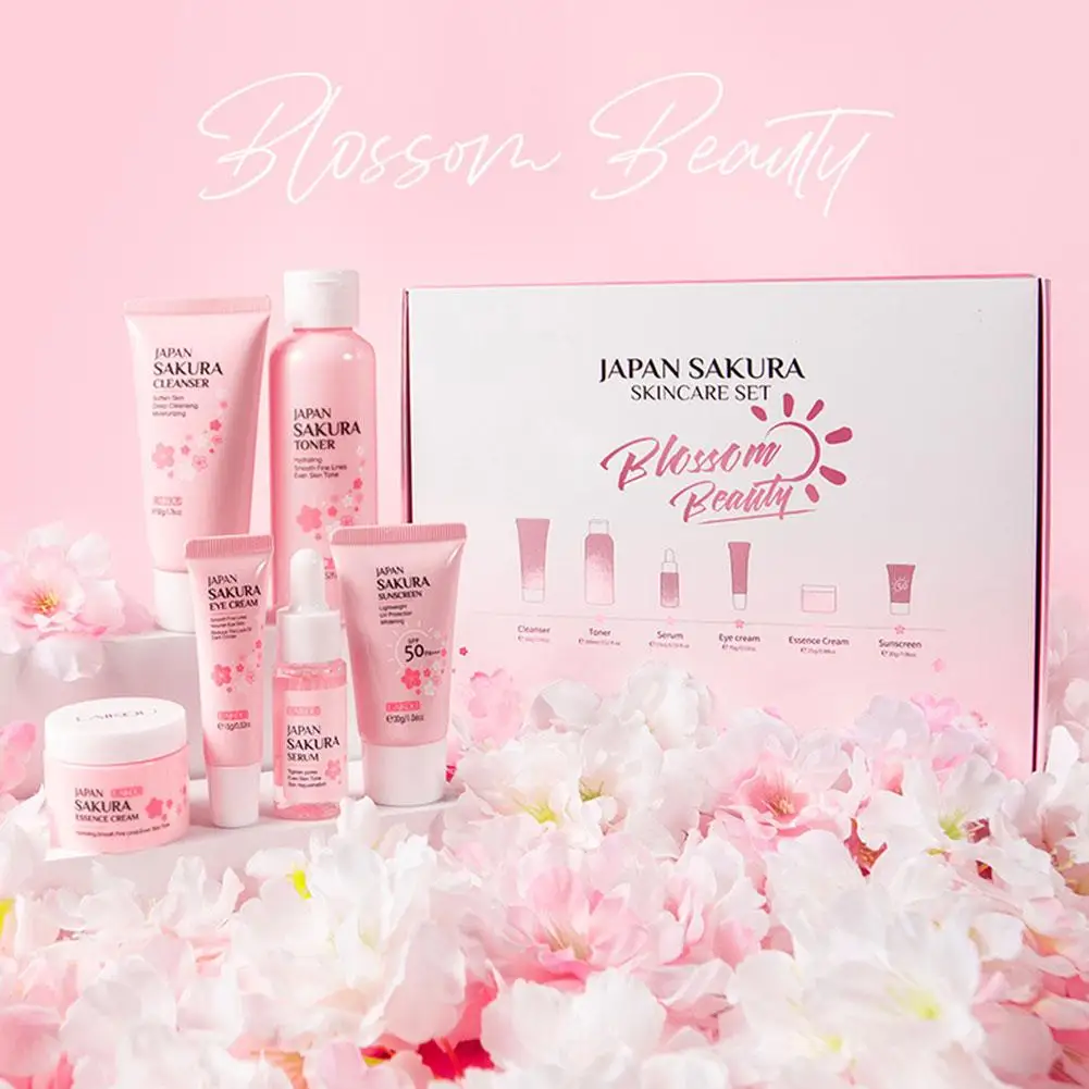 Sakura-Ensembles de soins de la peau, crème pour le visage, sérum, toner, nettoyant pour le visage, crème solaire pour les yeux, ensemble de produits de soins de la peau, coffret cadeau, 6 pièces par ensemble