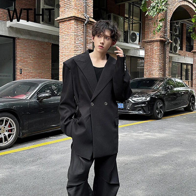 

WTHT Fashion Men's Shoulder Pads Pockets Loose Solid Color Blazer Coats Trendy Double-breasted Lapel Casual Jackets Male 2A0993