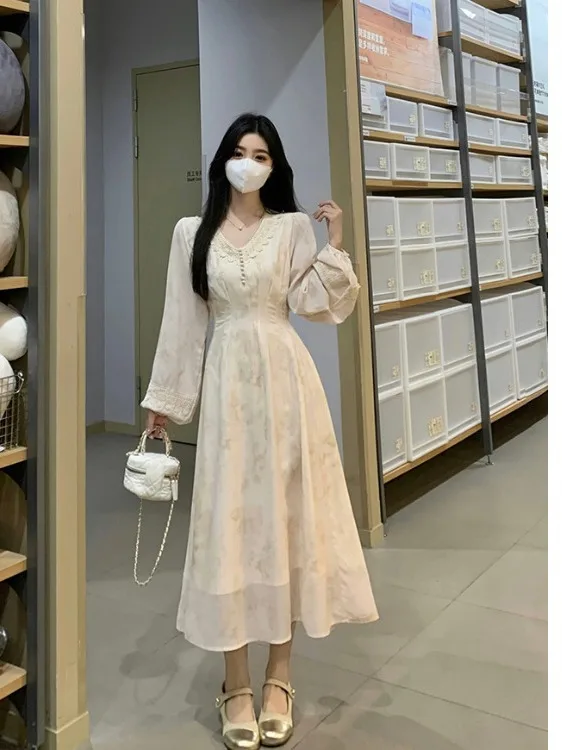 

plus Size Women's Gentle Floral Long Sve Dr Spring Summer New Sle Waist Cinching A-Line Midi Dr Commute Sle