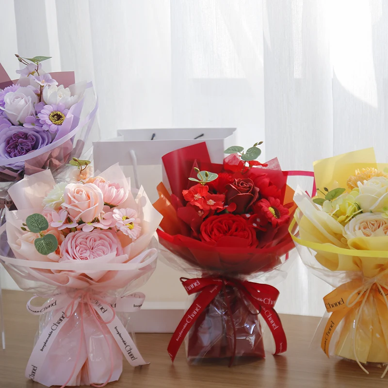 wedding artificial rose bouquet mothers day lover's gifts diamond soft ribbon person soap flower bouquet