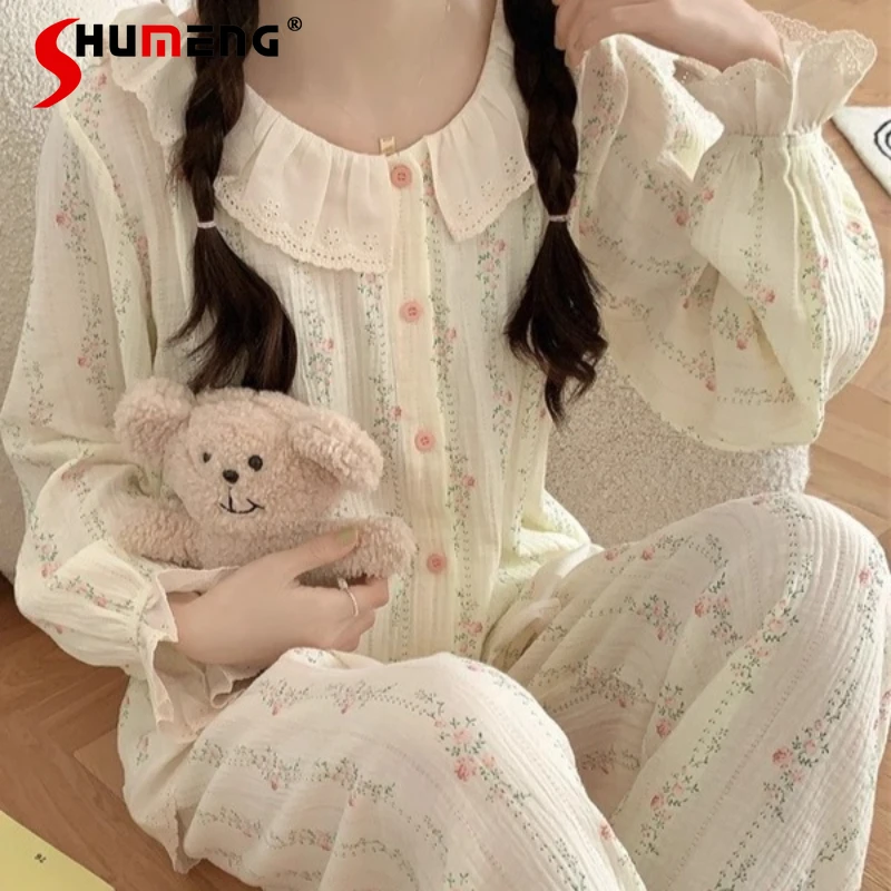 Ensemble pyjama en gaze de coton pur pour femmes, Style princesse doux, costumes de sommeil haut de gamme, ensemble de vêtements de maison de Style doux, automne