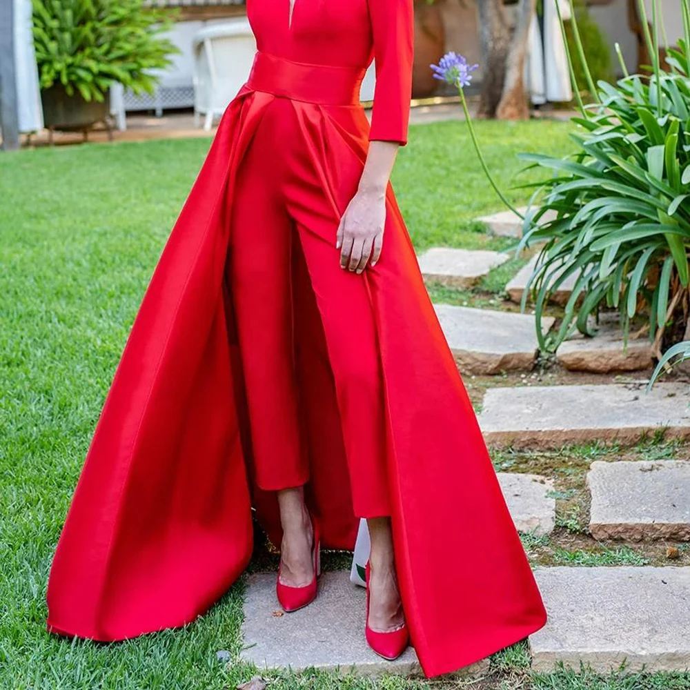 

Red Prom Dress Satin Detachable Skirt Sweep Train Front Slit Removable Skirts for Bridal Gowns Evening Overskirts