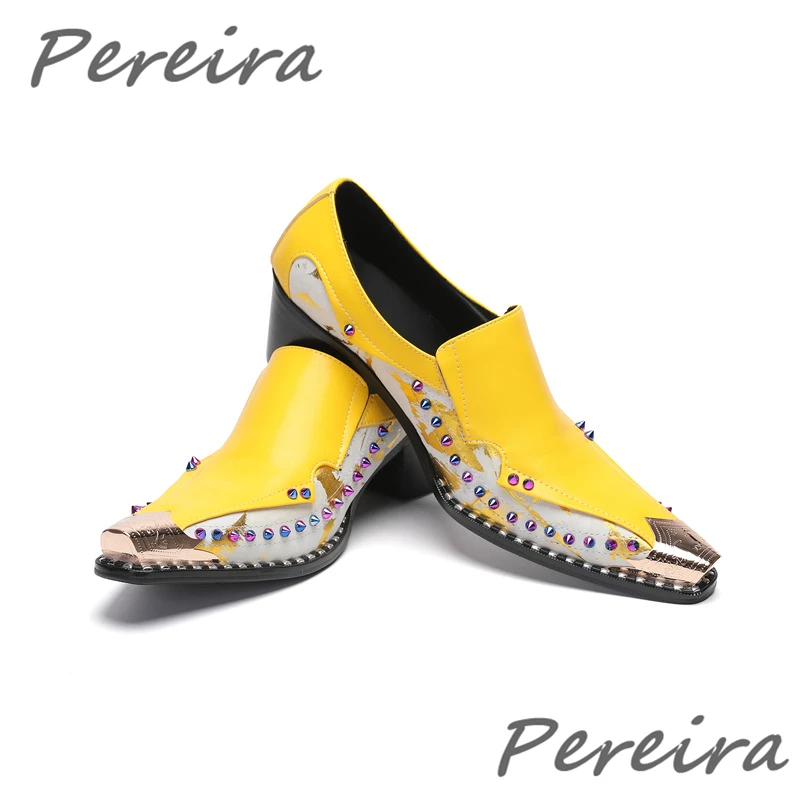 Fashion Genuine Leather Men's Shoes Metal Pointed Toe Colorful Rhinestone High Heel Loafers Yellow Purple Mixed Colors Shoes