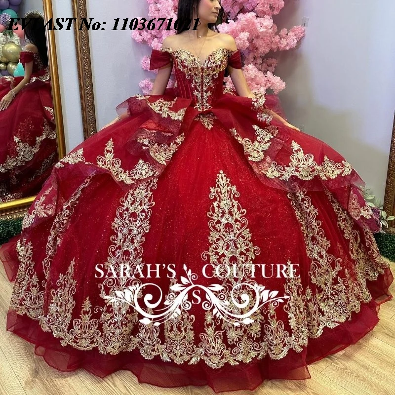 

EVLAST Sparkly Red Quinnceanera Dress Ball Gown Gold Lace Applique Beaded Shiny Tiered Corset Sweet 16 Vestidos De 15 Anos SQ636