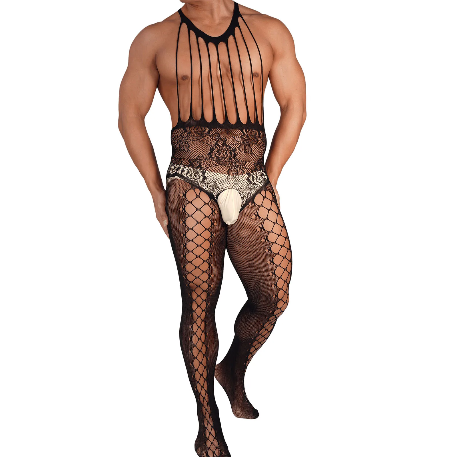 

Men Mesh Fishnet Jumpsuit Erotic Pantyhose Full Body Stocking Crossdressing Shoulder Chest Suspender Clubwear See-through Onesie