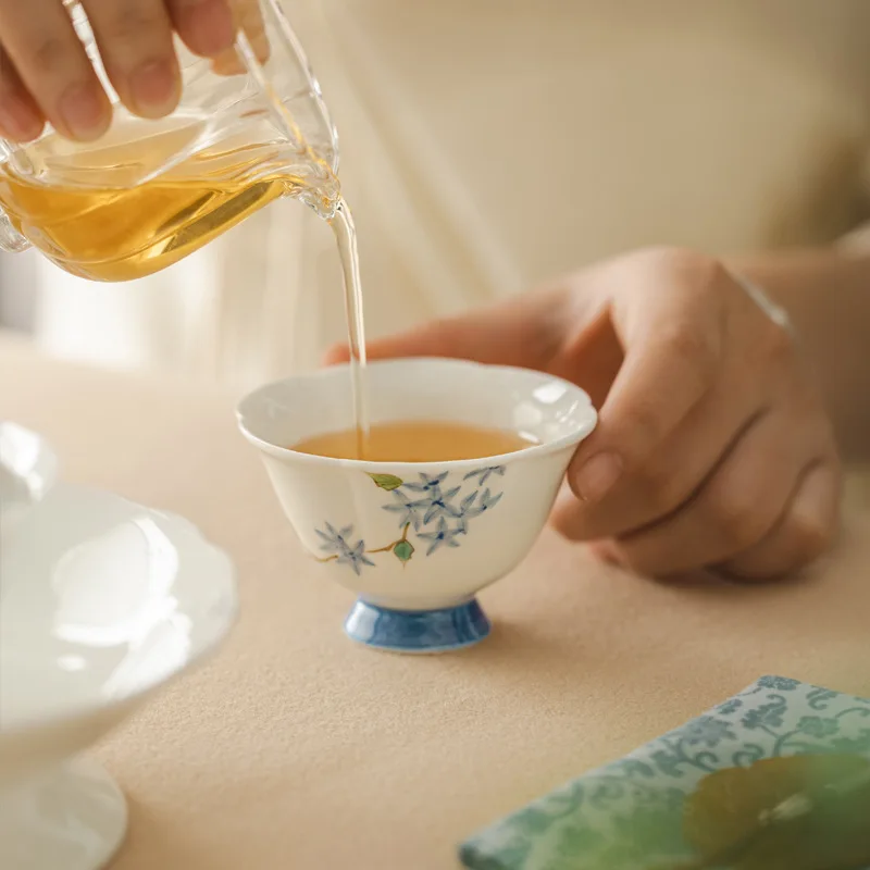 High‑White Porcelain Hand Painted Blue Sprout Underglaze Petal Gourd Master Cup For Lady Home Gongfu Tea Table Drinkware