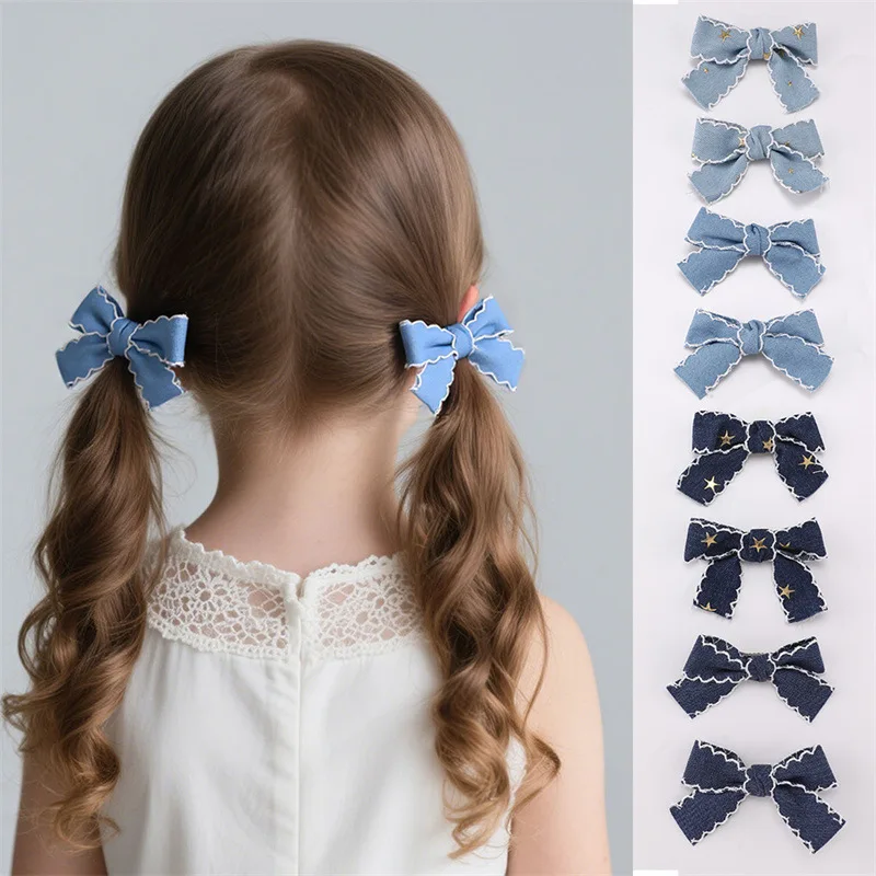 36pc-デニムブルーボウヘアクリップ女の子用スタースタンプフリルエッジキッズバレッテエッジロックヘアアクセサリーバルクヘッドウェア