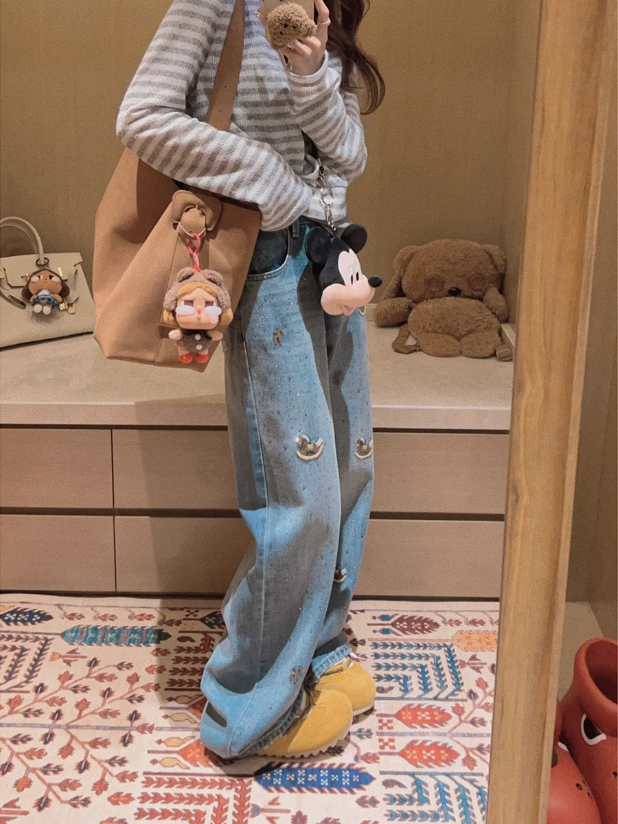 

Yukiss Embroidered Rhinestone Straight Leg Jeans Women's Premium Denim l Waist Micro Stretch hine Embroidery