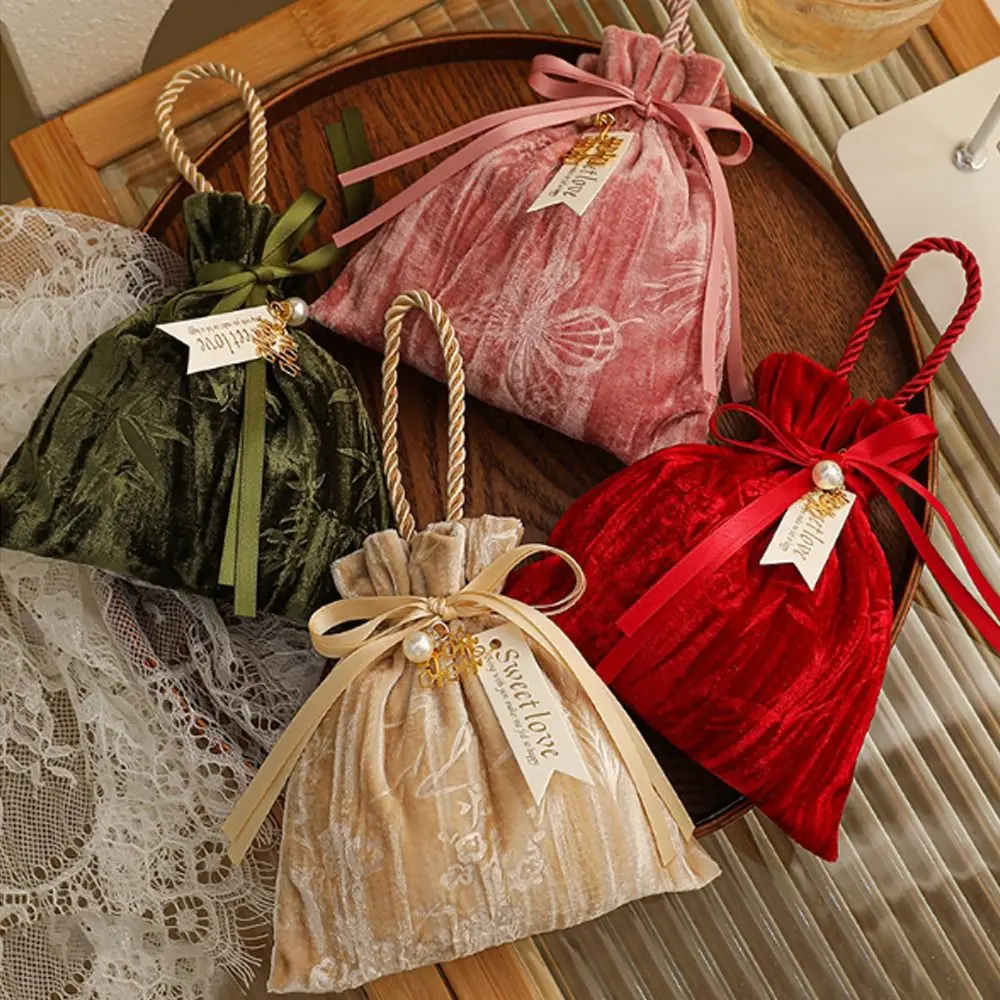Elegant Ribbon Bow Velvet Candy Box Dust Protect with Tassel Gift Bag Flower Handbag Drawstring Bag Jewelry Storage view 2