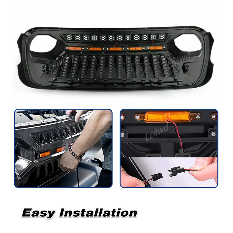 Lc4wd 4x4 acessórios exteriores grade de malha dianteira grelhas de corrida com luzes led âmbar para 2018-2024 jeep wrangler jl jlu jt