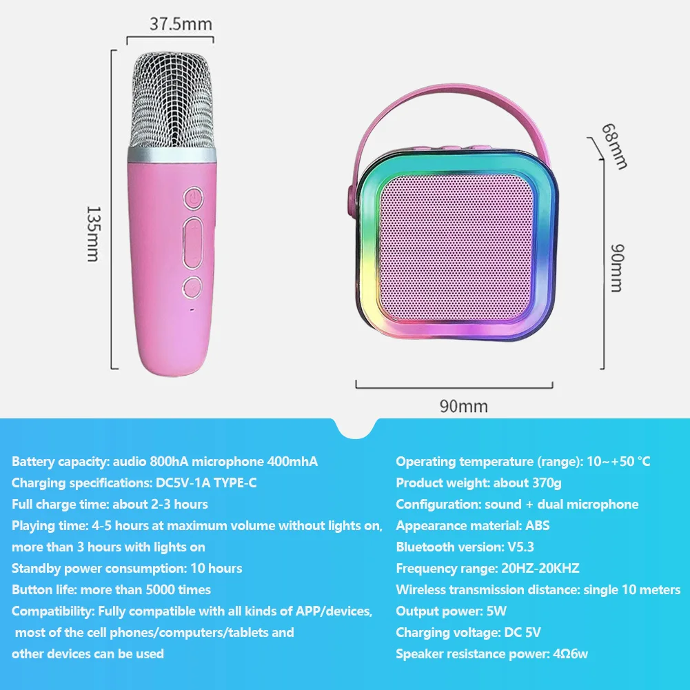 مكبر صوت كاريوكي لاسلكي بلوتوث 5.3 مكبرات صوت منزلية صغيرة مع ميكروفون لاسلكي قابل للتعديل أضواء LED مكبر صوت آلة الكاريوكي