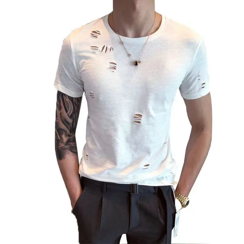 Summer Ripped Hole Short Sleeve Men Round Neck T Shirt Fashion Personality Slim Fit Punk 2xl Oversize Grunge Clothes Hip Hop Top