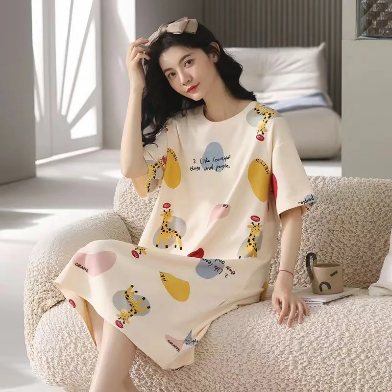 Summer Ladies Pyjamas Imitation Cotton Cute Short-Sleeved Nightgown Cartoon Large Size Nightgown Summer Thin Long Skirt Homewear